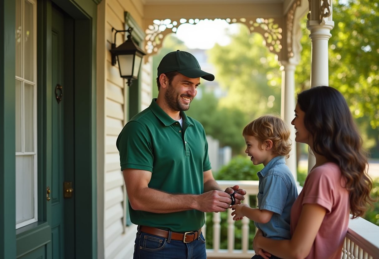 Locksmith handing new keys to a family on their verandah — Glenwood
